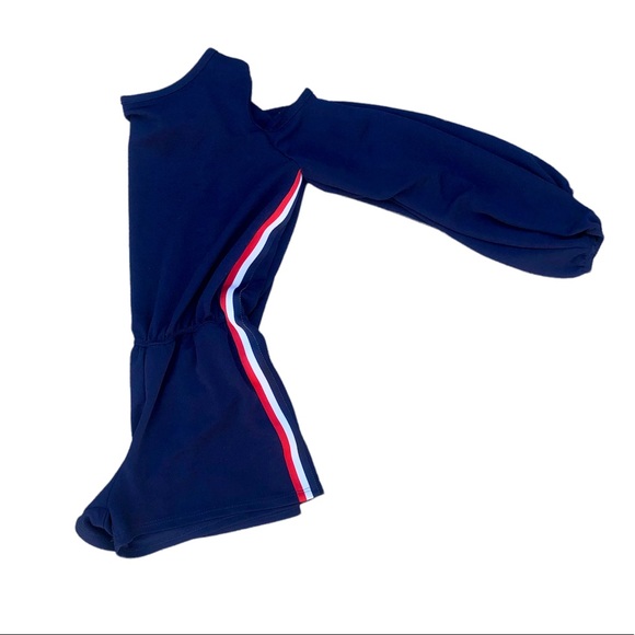 Pinc Premium navy blue cold shoulder romper varsity stripe down sides, Medium - Picture 4 of 9